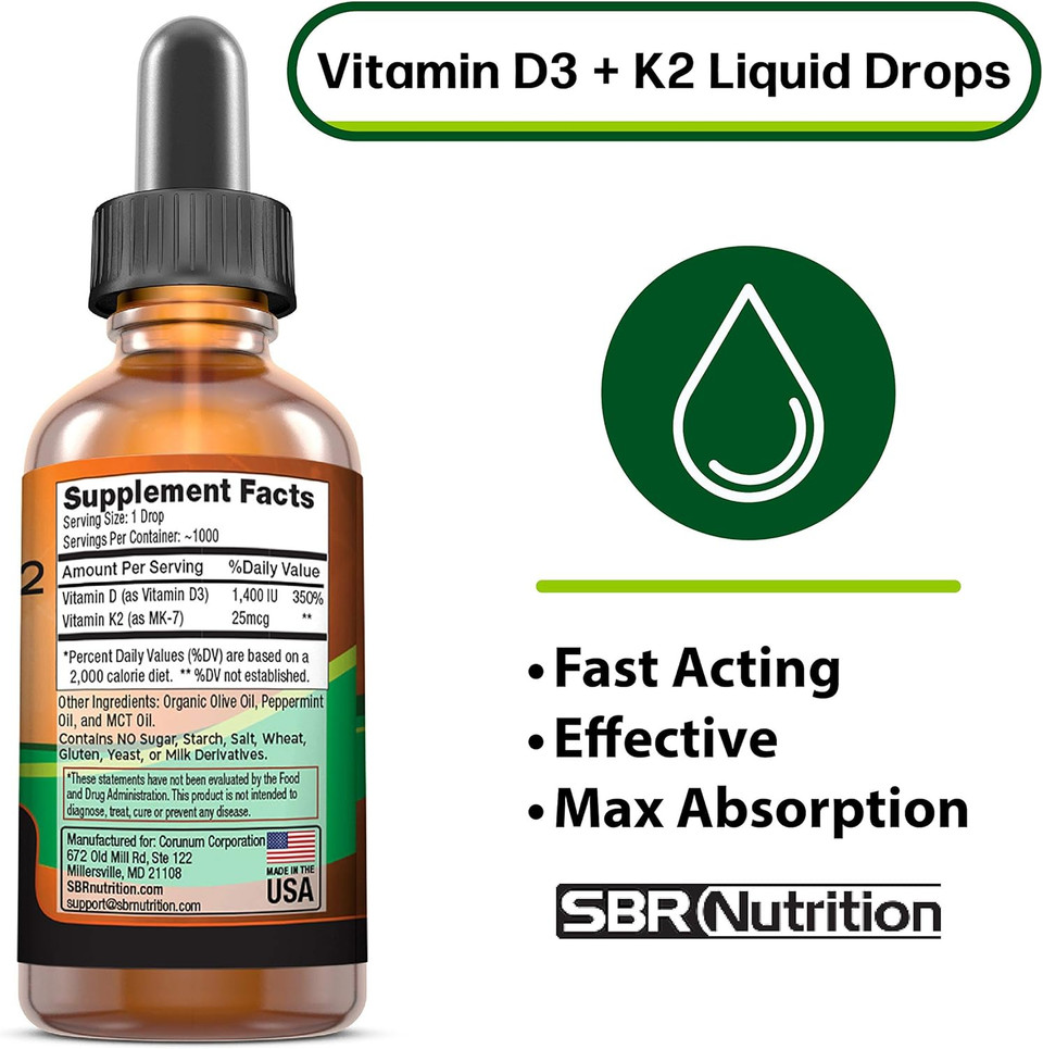 Sbr Nutrition D3+K2 And B12 Bundle Vitamin D3K2 (Mk7) Liquid Drops, Peppermint 1Oz | Vitamin B-12 3000Mcg Liquid Drops, 2Oz | For Adults & Kids | Non-Gmo, Gluten Free