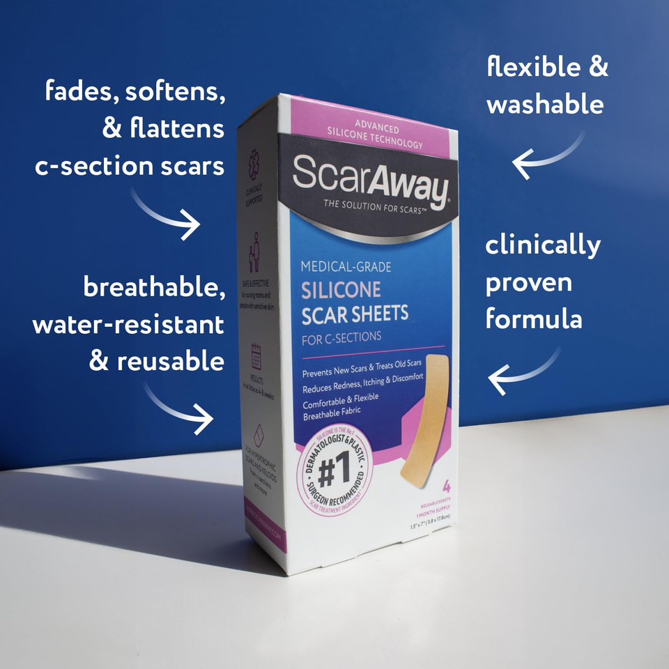 Scaraway Advanced Silicone Scar Sheets For C-Section, Reusable Strips (1.5 X 7) For Hypertrophic And Keloid Scars From C-Section & Other Surgeries, 4 Sheets