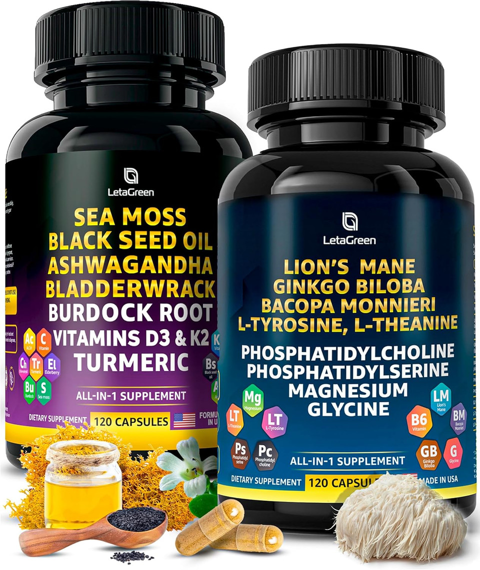 Sea Moss And LionS Mane Bundle  Wild Sea Moss Capsules And Lions Mane Supplement Capsules  Mind Balance & Daily Wellness  240 Count Plant-Based Supplement