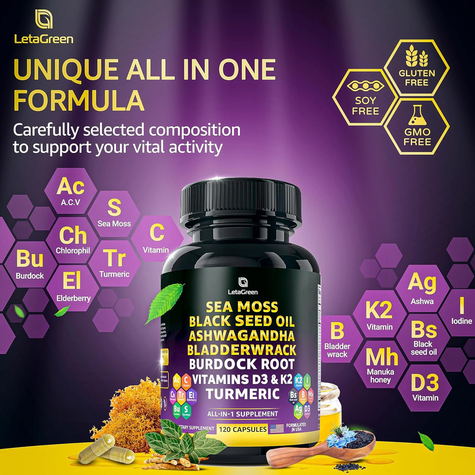 Sea Moss Black Seed Oil Ashwagandha Bladderwrack Burdock Turmeric & Vitamin C, D3, K2 With Acv Elderberry Manuka Honey Dandelion Yellow Dock Iodine Chlorophyll 120 Count