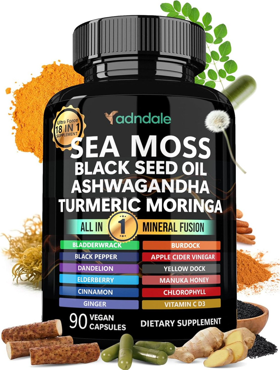 Sea Moss Black Seed Oil Ashwagandha Ginger Capsules. Sea Moss Capsules With Black Seed Oil, Ashwagandha, Turmeric, Moringa, Bladderwrack, Burdock Root, Manuka Honey, Cinnamon. 180 Count
