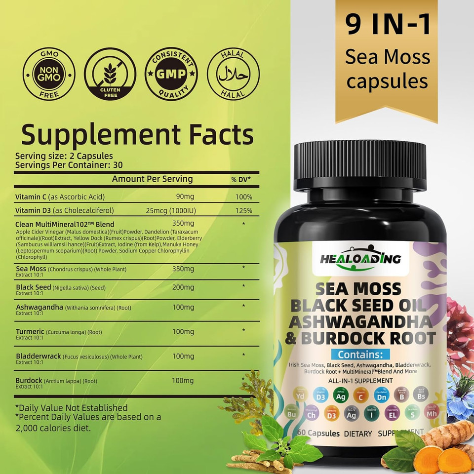Sea Moss Capsules With Black Seed Oil, Ashwagandha, Turmeric, Bladderwrack, Burdock, Vitamin C&D3 For Immune System, Vegan, Non-Gmo, Gluten-Free