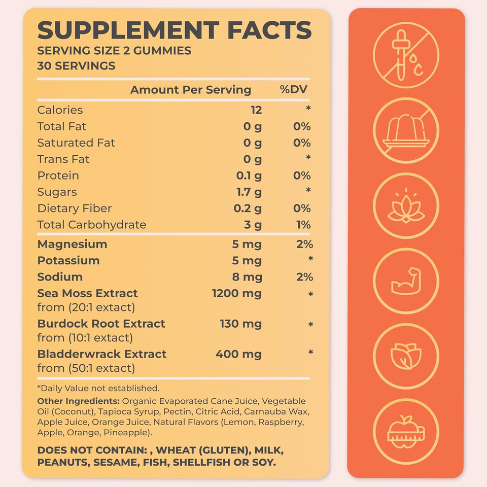 Sea Moss Gummies With Bladderwrack, Burdock Root & Magnesium  Vegan Supplement For Adults & Kids  Plant-Based, Fruity Flavor  60 Gummies, Made In Usa