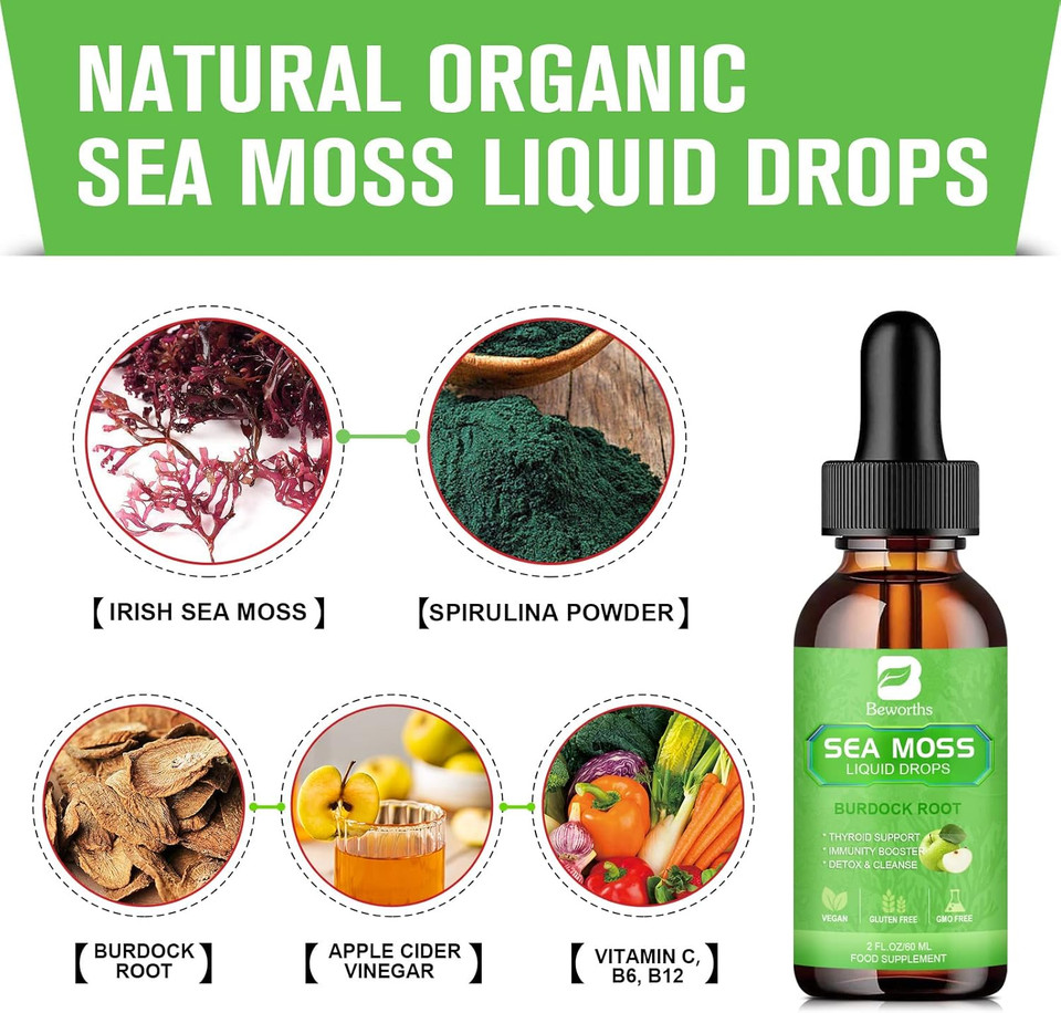 Sea Moss Liquid Drops - Organic Irish Sea Moss Gel With Burdock Root, Acv, Vitamin C, B12, Seamoss Gel Supplement For Boost Defense System, Detox Cleanse & Digestive Support - 2 Fl Oz