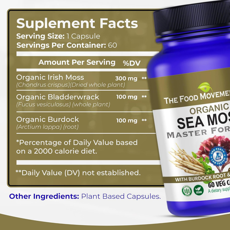Sea Moss Master Formula With Burdock Root & Bladderwrack For Gut Health | Organic Vegan Supplement For Women & Men | Irish Sea Moss Blend For Optimal Well-Being (60)