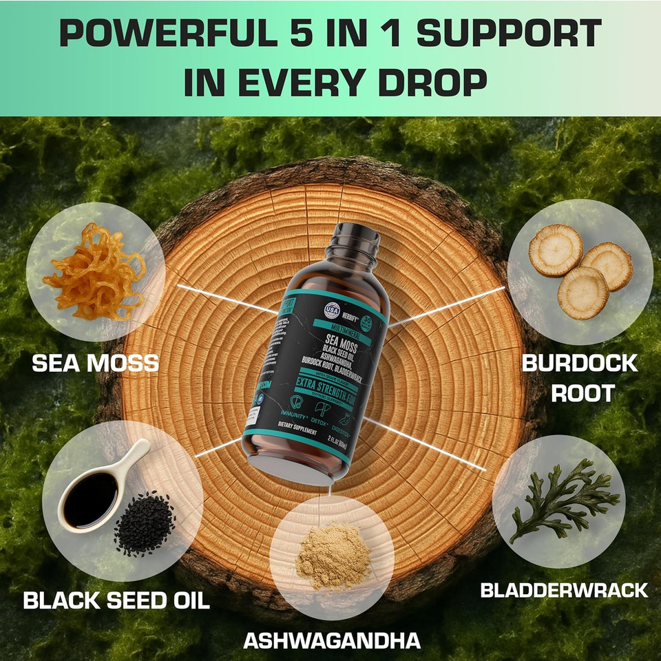 Sea Moss Multimineral Liquid Supplement - Irish Sea Moss Black Seed Oil Ashwagandha Burdock Root Bladderwrack - Gut Health, Immune & Thyroid Support For Women - Grape Flavor - 2 Fl Oz - Made In Usa