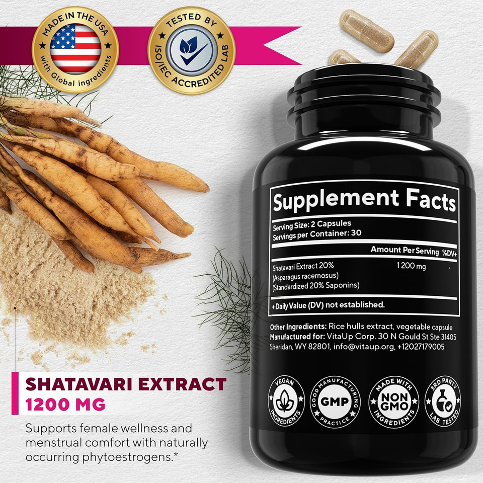 Shatavari Capsules For Women 1200Mg - Usa Made Shatavari Root Supplement For Normal Hormonal Support, Menopause & Menstrual Wellness - 60 Vegan Capsules