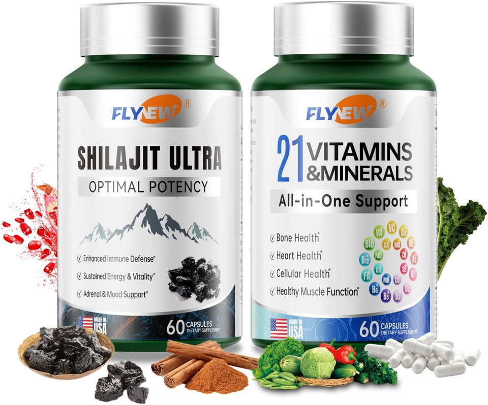 Shilajit & Multivitamin For Women Men, Himalayan Shilajit & 21 Vitamins And Minerals Supplement For Bone, Skin & Immune Health Support, Extra Power, Stamina, 60 Capsules Per Bottle, Made In Us
