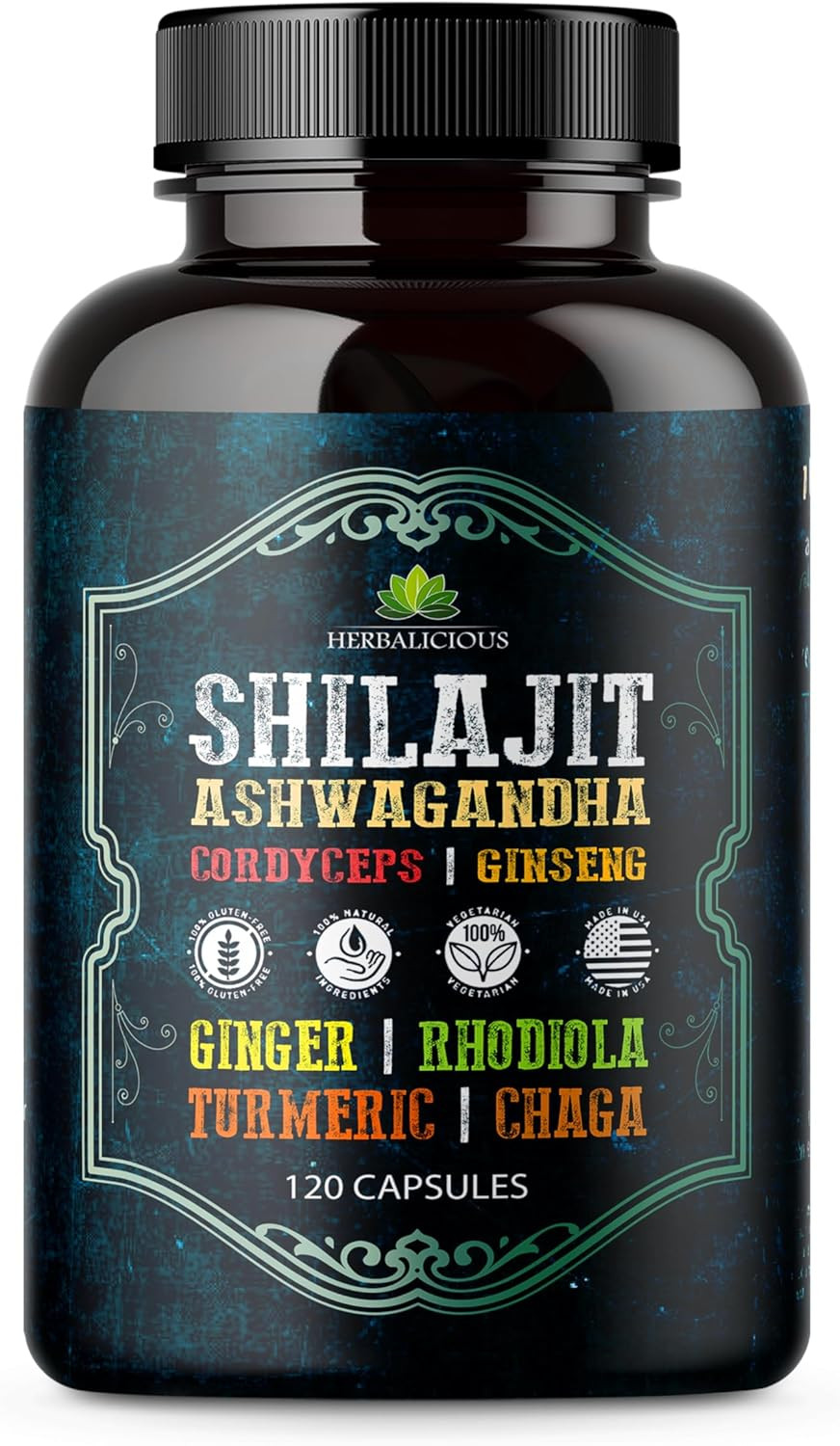 Shilajit For Men  8-In-1 Adaptogenic Supplement With Ashwagandha, Cordyceps, Ginseng, Rhodiola, Turmeric, Chaga & Ginger  Natural Energy, Stress Relief & Immune Support  120 Vegan Capsules