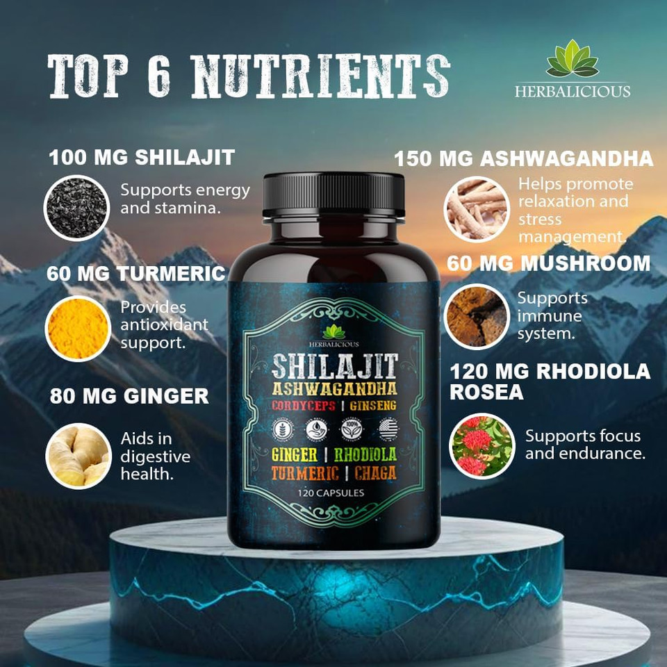 Shilajit For Men  8-In-1 Adaptogenic Supplement With Ashwagandha, Cordyceps, Ginseng, Rhodiola, Turmeric, Chaga & Ginger  Natural Energy, Stress Relief & Immune Support  120 Vegan Capsules