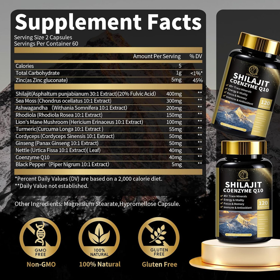 Shilajit For Men With Sea Moss & Ashwagandha,12 In 1 Himalayan Shilajit Supplements Capsules With Coenzyme Q10, Fulvic Acid & Humic Acid, Lion'S Mane, Support Energy & Immunity, 120 Counts