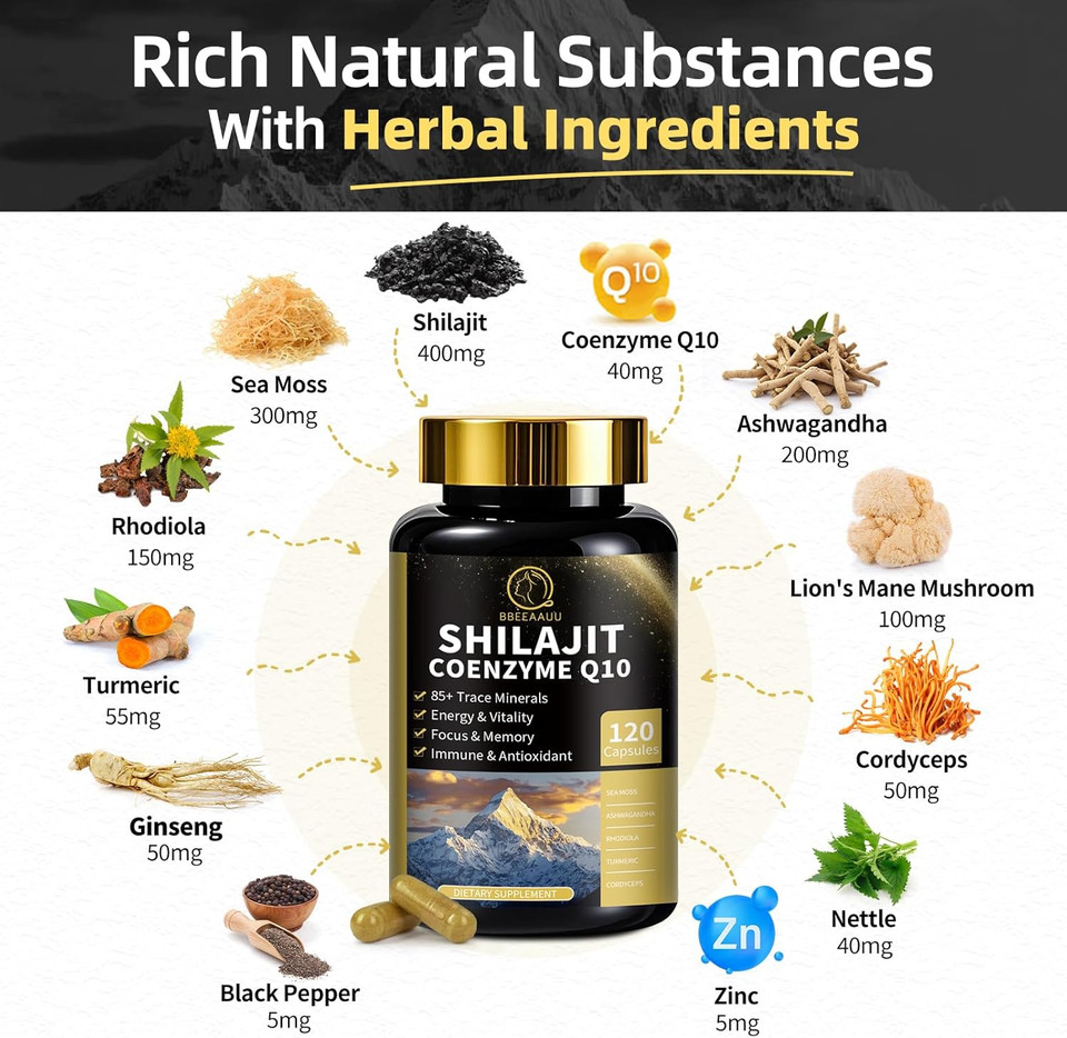 Shilajit For Men With Sea Moss & Ashwagandha,12 In 1 Himalayan Shilajit Supplements Capsules With Coenzyme Q10, Fulvic Acid & Humic Acid, Lion'S Mane, Support Energy & Immunity, 120 Counts
