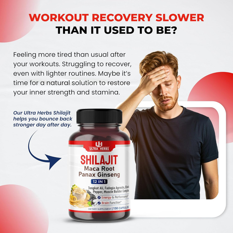 Shilajit Pure Himalayan - Energy Booster 85% Fulvic Acid, Maca Root, Panax Ginseng, Tongkat Ali, Fadogia Agrestis - Metabolism & Immunity Support - 150 Capsules