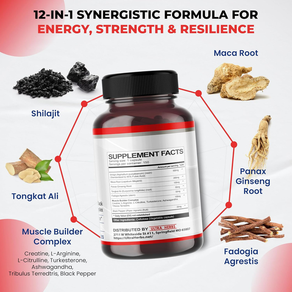 Shilajit Pure Himalayan - Energy Booster 85% Fulvic Acid, Maca Root, Panax Ginseng, Tongkat Ali, Fadogia Agrestis - Metabolism & Immunity Support - 150 Capsules
