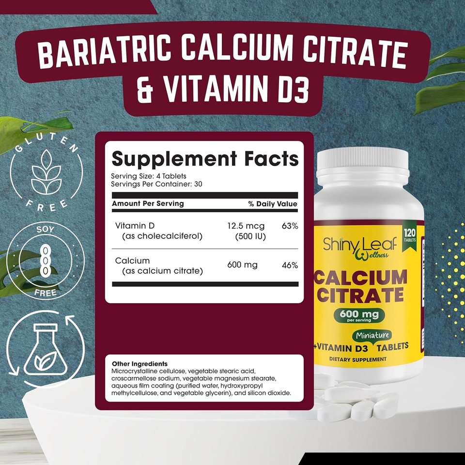 Shiny Leaf Calcium Minis 600 Mg - Daily Tablets Of Calcium Citrate 600Mg Plus Vitamin D3 For Bariatric Post-Op And Gastric Bypass For Women And Men, Easy To Swallow, Made In Usa, Vegetarian - 120 Ct