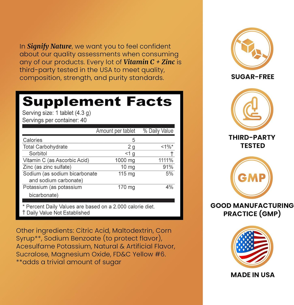 Signify Nature Vitamin C 1000Mg Effervescent Tablets - Potent Immune Support Vit C With Zinc Supplement - Sugar-Free & Vegan Formula | Dissolvable Vitamin C Tablets - Water Soluble Fizzy Elixir - 20Ct
