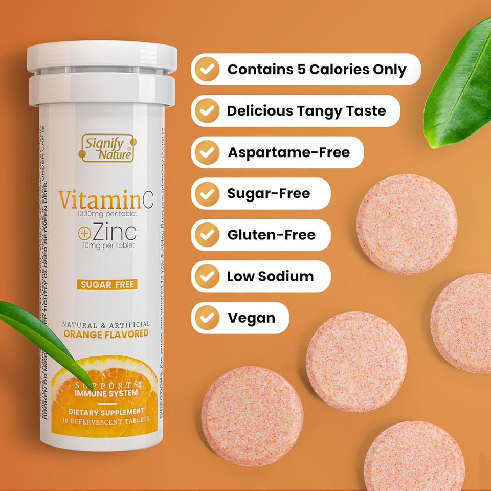 Signify Nature Vitamin C 1000Mg Effervescent Tablets - Potent Immune Support Vit C With Zinc Supplement - Sugar-Free & Vegan Formula | Dissolvable Vitamin C Tablets - Water Soluble Fizzy Elixir - 20Ct
