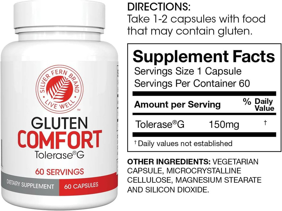 Silver Fern Gluten Comfort With Tolerase G - 1 Bottle - 60 Capsules - Digestive Enzyme Made Specifically To Break Down And Digest Gluten Protein