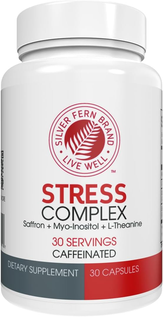 Silver Fern Stress Complex Supplement - With Caffeine - Sleep, Worry, Mood & More - With Saffron Supplements, L-Theanine Supplement, And Myo-Inositol - Natural Stress Relief Supplement - 30 Servings