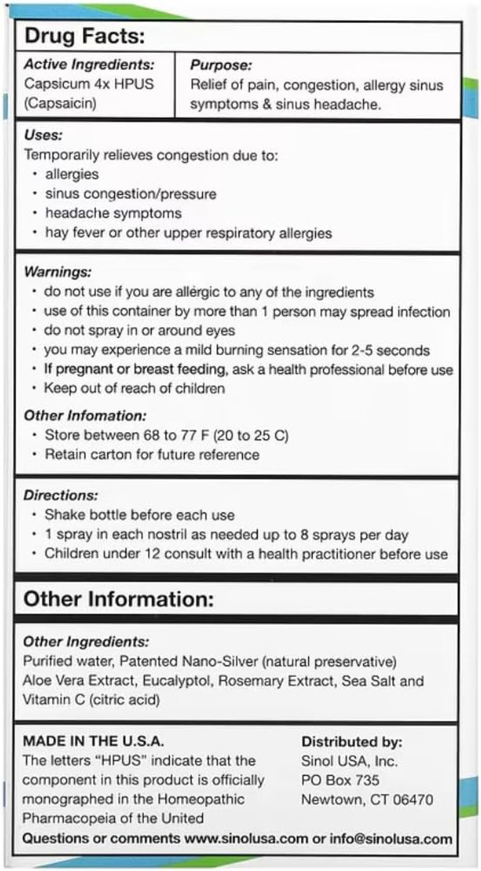 Sinolm, All-Natural Nasal Relief Spray For Fast Allergy & Sinus Relief, 15 Ml