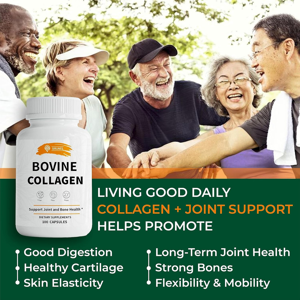 Sirunes Bovine Collagen Supplements For Men And Women I Hydrolyzed Grass Fed Bovine Collagen Peptides Dietary Supplement For Joint, Nerve & Bone Support - Non-Gmo, Anti-Aging - 100 Capsules
