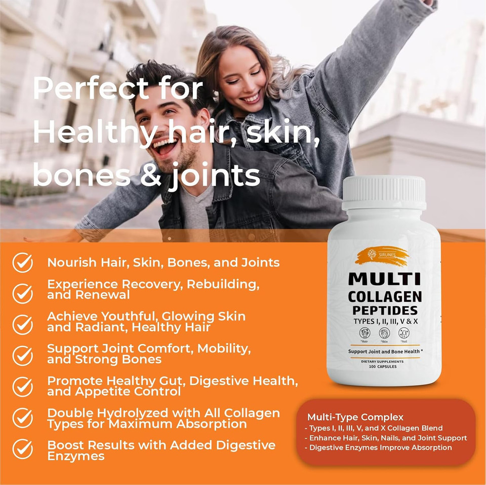 Sirunes Multi Collagen Peptides Capsules - Non-Gmo & Gluten Free Type I, Ii, Iii, V, X Hydrolyzed Collagen Supplements With Vitamin C - Supports Healthy Hair, Skin, Nails, & Joints - 100 Capsules