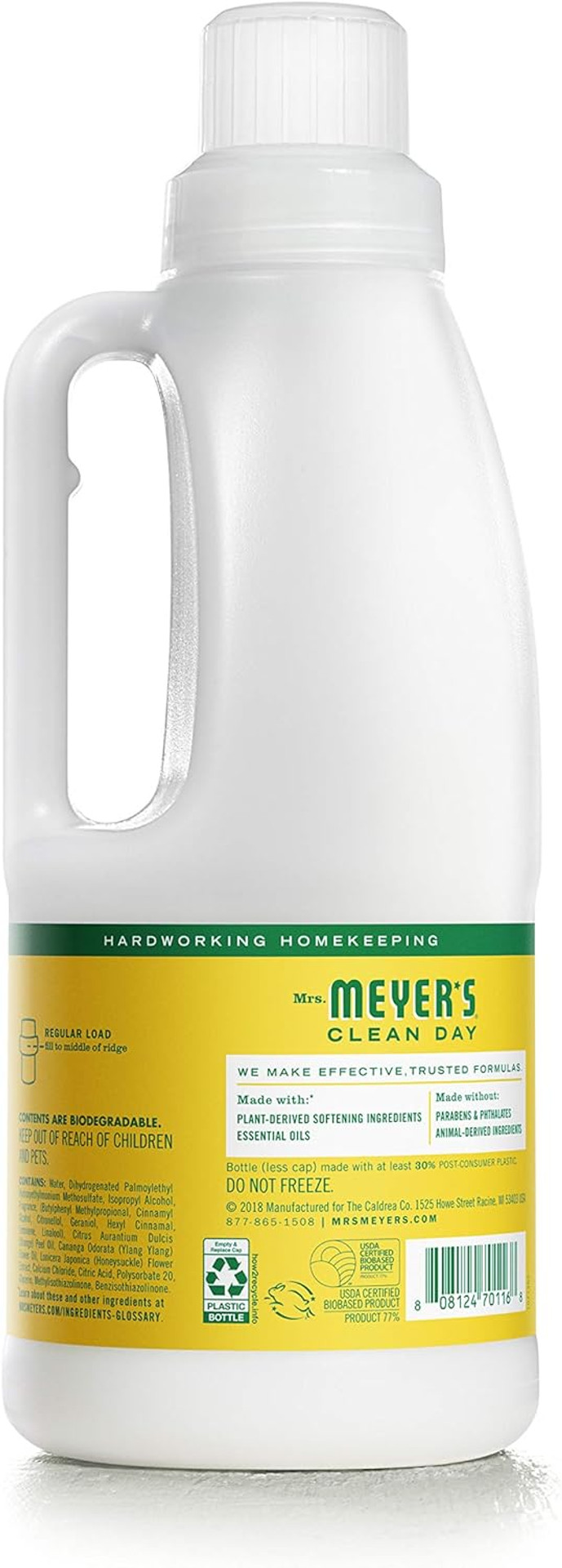Mrs. Meyer'S Clean Day Liquid Fabric Softener, Infused With Essential Oils, Paraben Free, Honeysuckle, 32 Oz (32 Loads)