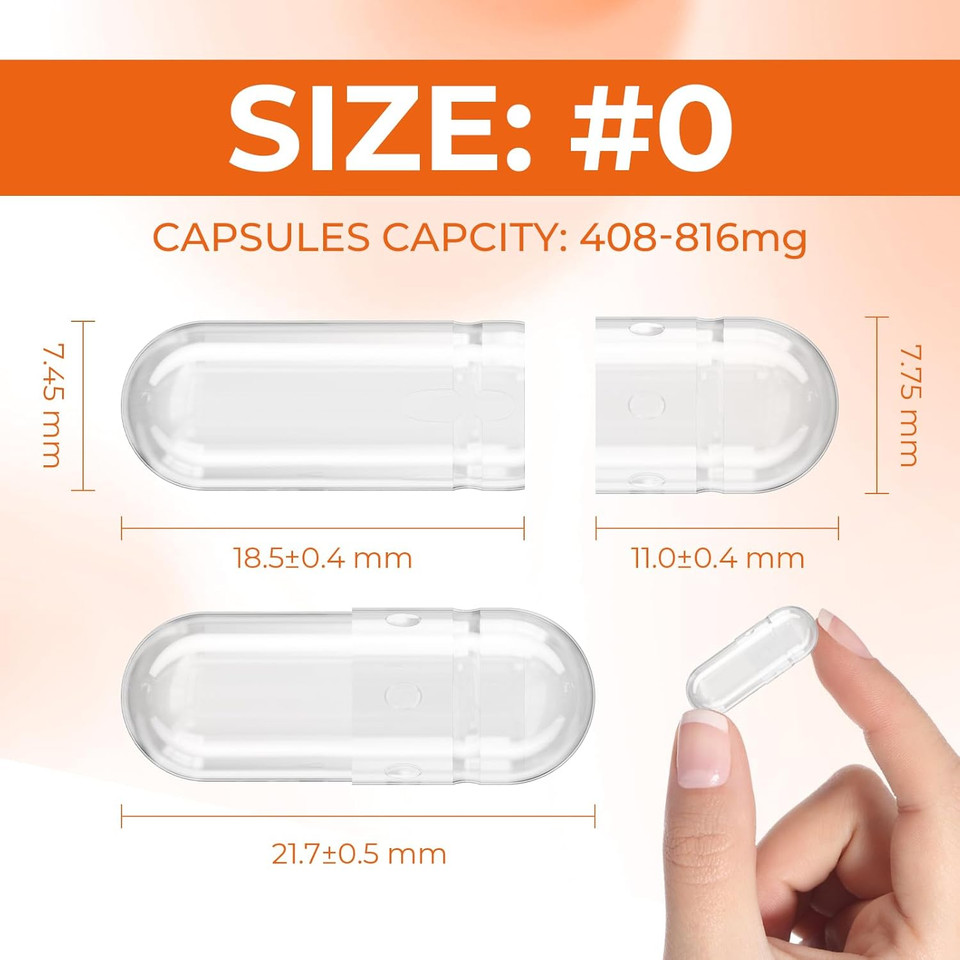 Size 0 Gelatin Capsules Empty Pill Gel Caps Pure Bovine Clear (500 Count) Gluten Free, Non-Gmo, Halal Certified Filling Kit With 2 Spoons For Diy Your Own Supplements