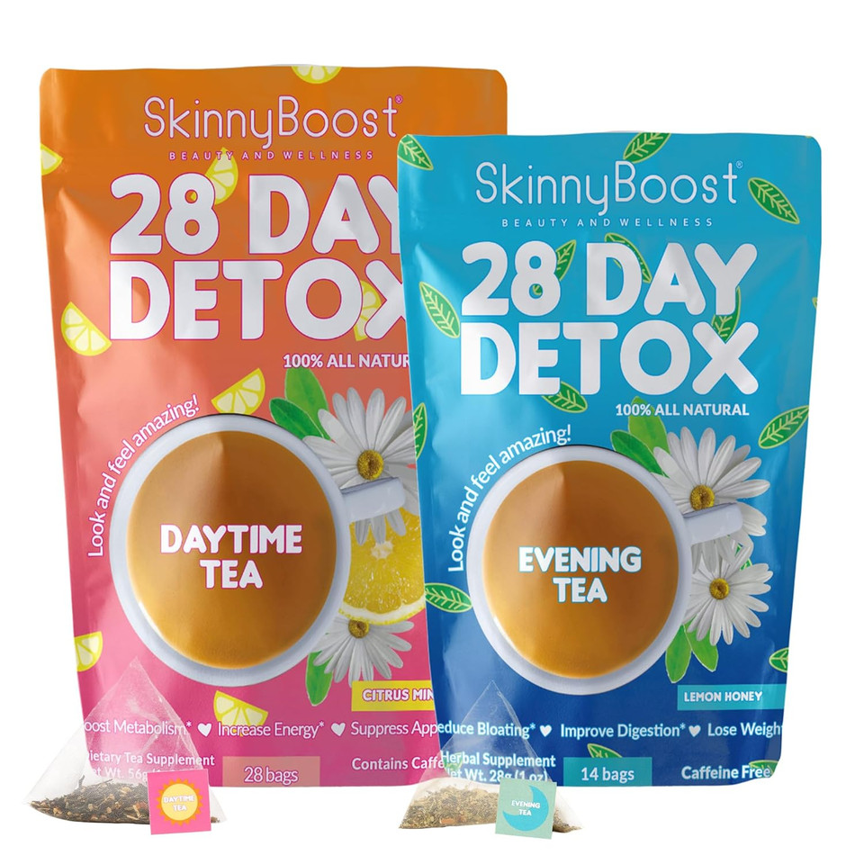 Skinny Boost 28 Day Detox Tea Kit Daytime (28 Bags) + Evening -(14 Bags)  Herbal Detox For Weight, Metabolism, Energy, Bloating & Colon Cleanse  Green Tea, Senna, Vegan, Keto, Non-Gmo, Sugar-Free