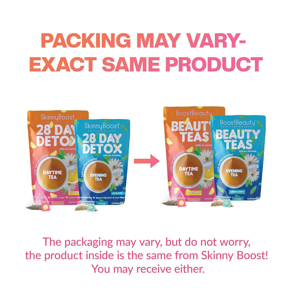 Skinny Boost 28 Day Detox Tea Kit Daytime (28 Bags) + Evening -(14 Bags)  Herbal Detox For Weight, Metabolism, Energy, Bloating & Colon Cleanse  Green Tea, Senna, Vegan, Keto, Non-Gmo, Sugar-Free