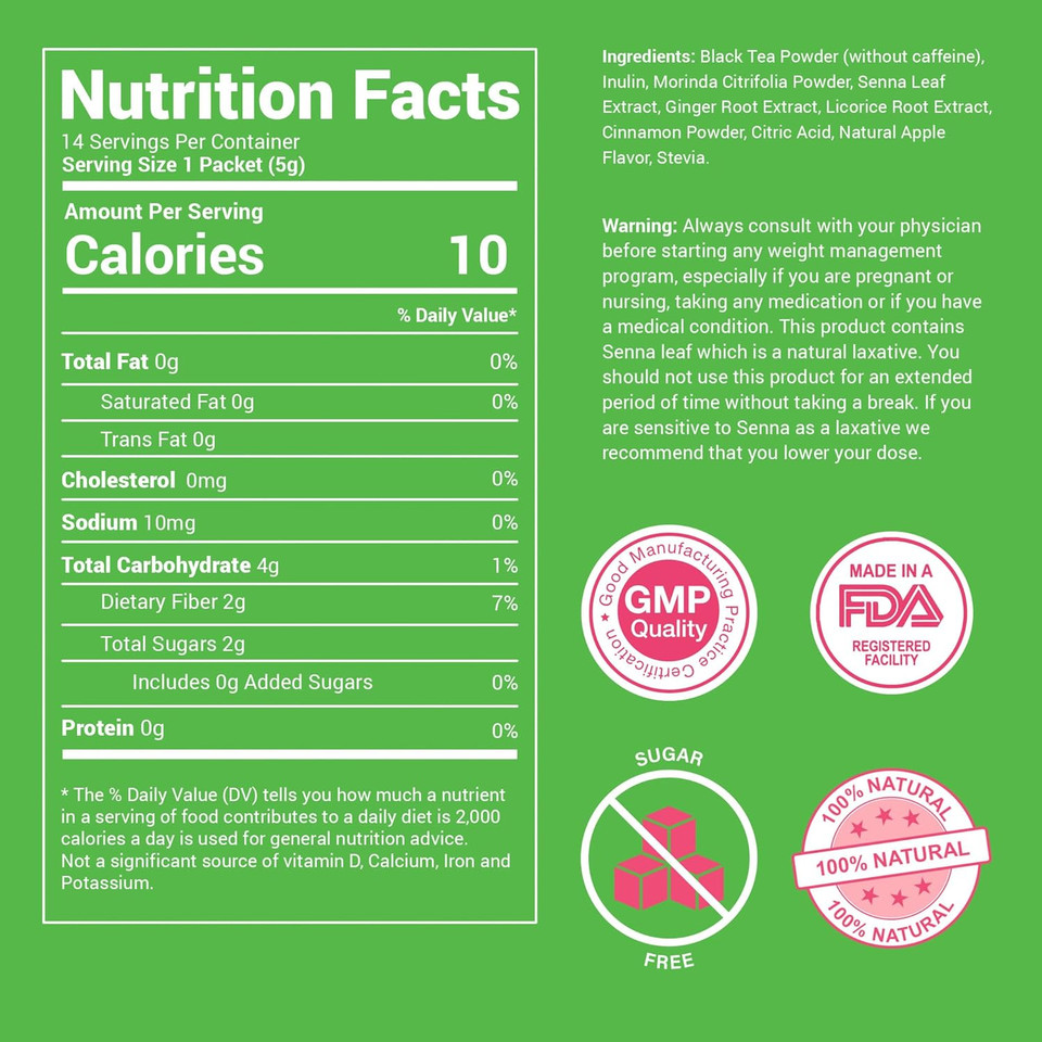 Skinny Teas Instant Tea Sticks  Cleansing Evening Tea  14 Ct  Herbal Detox Blend With Colon And Body Cleansing Herbs  All Natural Gentle Cleanse, Reduce Bloat (Apple Cinnamon)