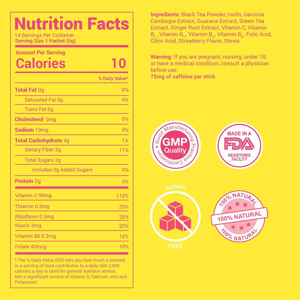 Skinny Teas Instant Tea Sticks  Energizing Daytime Tea  14 Ct  Black & Green Tea With Garcinia Cambogia, Inulin, Vitamin C, B Vitamins & Folate  Clean Energy Boost (Hibiscus Berry)