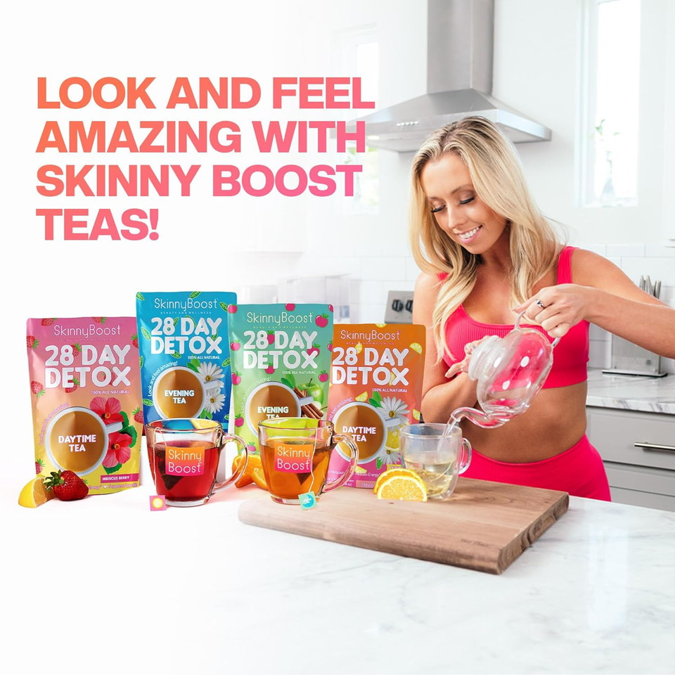 Skinnyboost 28 Day Detox Tea Kit-1 Daytime Hibiscus (28 Bags) 1 Evening Apple Cinnamon(14 Bags) Non Gmo, Vegan, All Natural, Green Tea And Herbal Teas For Natural Detox And Cleanse, Reduce Bloating