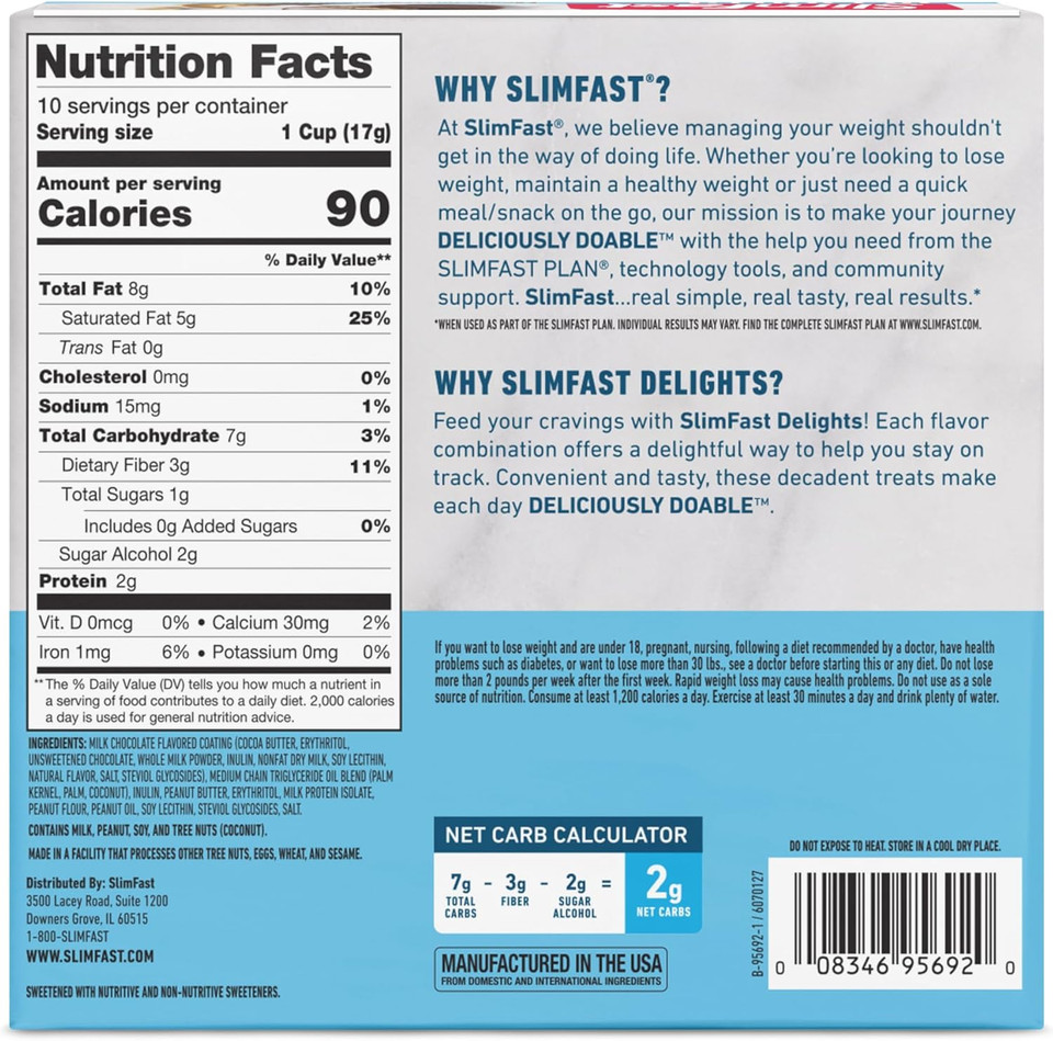Slimfast Delights Peanut Butter Chocolate Snack Cup, 0G Added Sugar, 2G Of Net Carbs, 10 Count