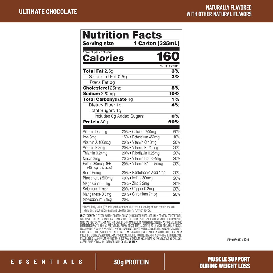 Slimfast Essentials 30G Protein Shake Chocolate, Protein Shakes Ready To Drink, Muscle Support, 1G Sugar, 25 Vitamins And Minerals, 3G Net Carbs, Ultimate Chocolate, 12 Count