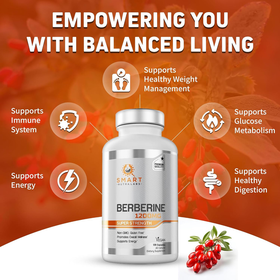 Smart Nutra Labs Premium Berberine Hcl 1200Mg- 120 Vegan Capsules, 100% Pure Berberine Supplement- Non-Gmo, Gluten Free