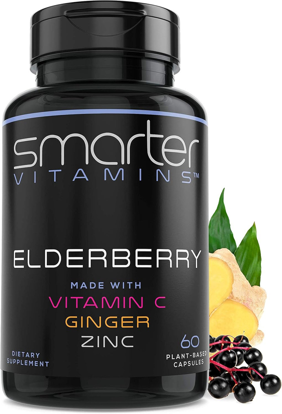 Smarter Elderberry Capsules + Vitamin C + Ginger & Zinc, Herbal Supplement, Powerful Black Elder Berry Extract Antioxidant Vitamin, 60 Vegan Pills