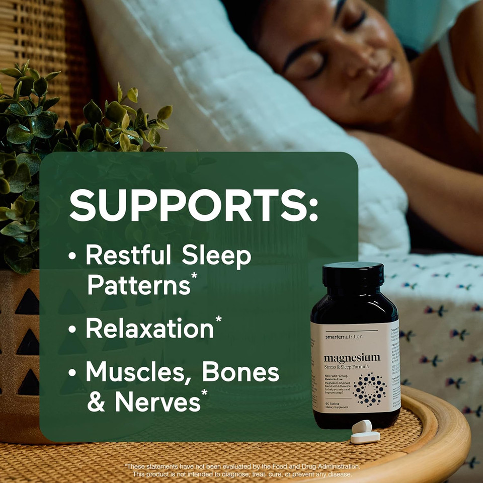 Smarter Nutrition Magnesium Complex - Chelated Magnesium Glycinate + Citrate, Malate For Sleep, Relaxation, Muscle & Nerves + Clinically Proven L-Theanine, Non-Gmo-60 Tablet[30-Day Supply]