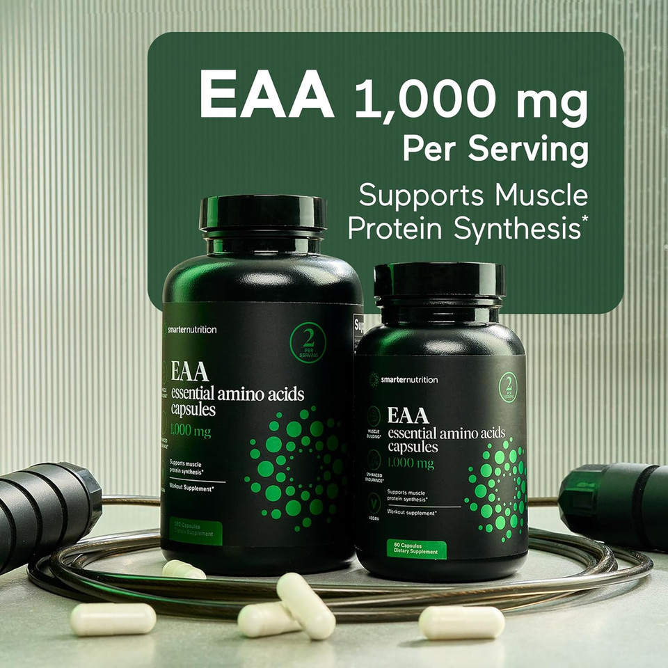 Smarternutrition Essential Amino Acids (Eaa) Capsules - 1 Gram Per Serving Of All 9 Eaas - Supports Muscle Mass & Exercise - Non-Gmo, Vegan, Gluten Free - 60 Count[30-Day Supply]