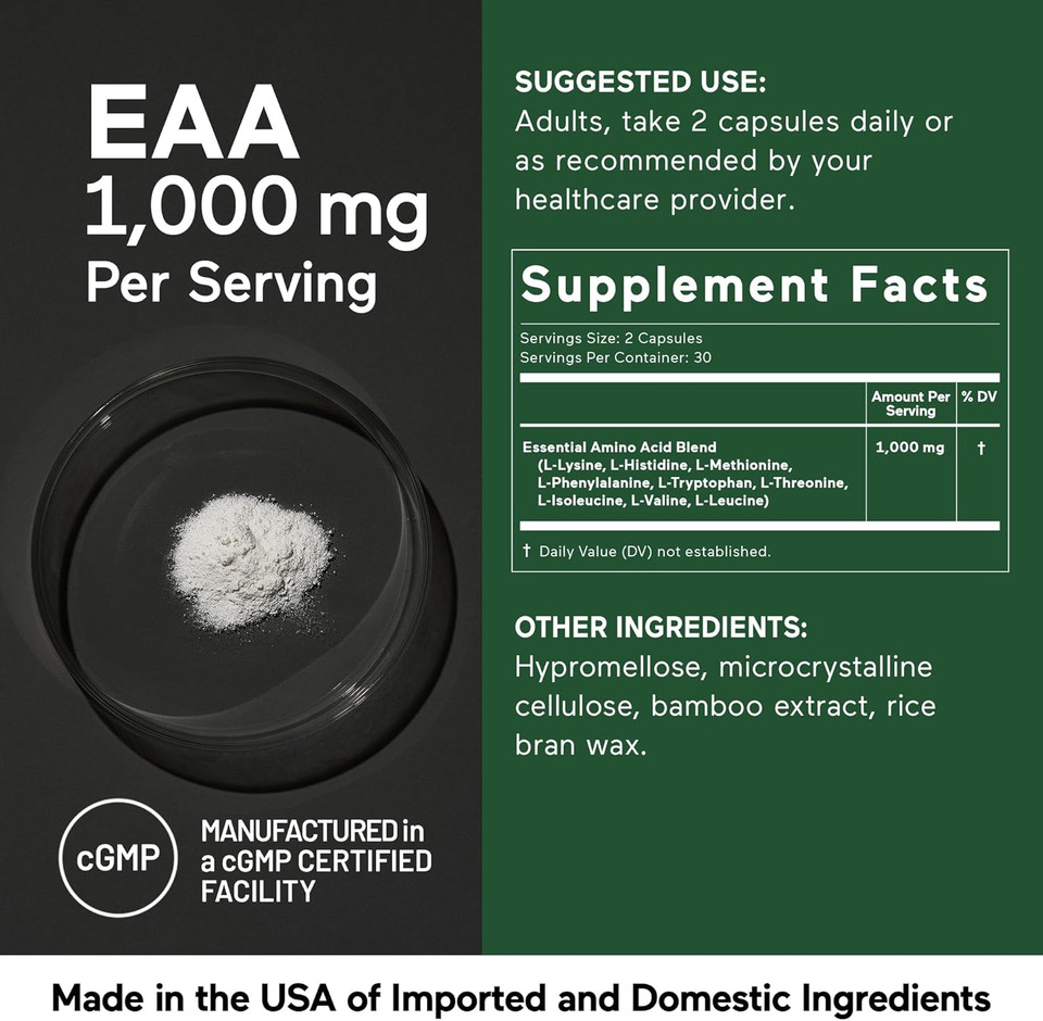 Smarternutrition Essential Amino Acids (Eaa) Capsules - 1 Gram Per Serving Of All 9 Eaas - Supports Muscle Mass & Exercise - Non-Gmo, Vegan, Gluten Free - 60 Count[30-Day Supply]