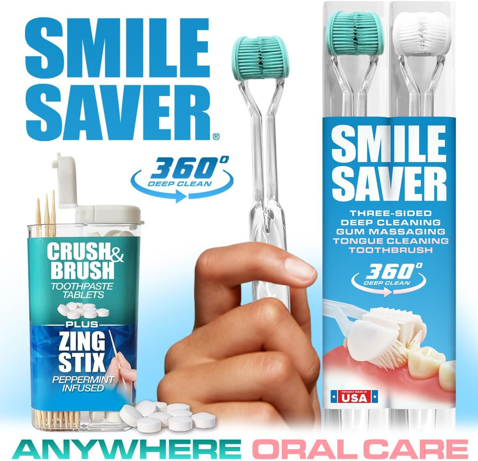 Smile Saver 360° 3-Sided Toothbrush 2Pk + Toothpaste Tablets + Zing Stix Infused Toothpicks | Gum Massage & Tongue Cleaner | Teal & White Heads - Charcoal Handles - Cinnamon