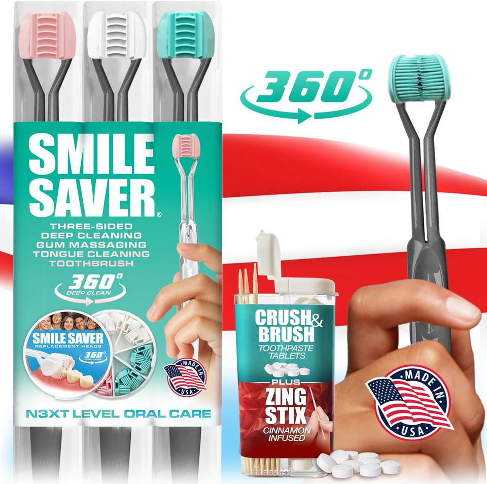 Smile Saver 360° Braces Brush 3-Sided Toothbrush 3Pk + Toothpaste Tablets + Cinnamon Infused Toothpicks | Built-In Tongue Scraper | Adults Children Braces Travel Made In Usa (Charcoal Handles)