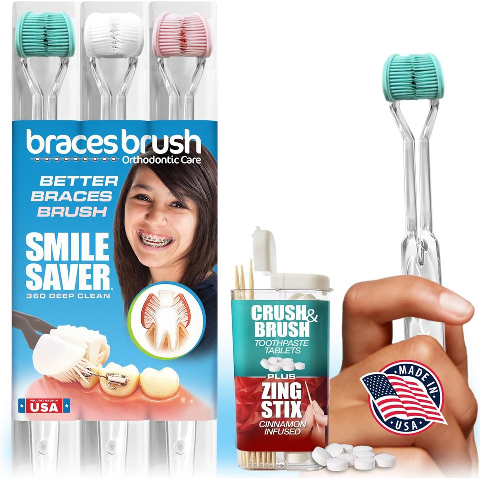 Smile Saver 360° Braces Brush 3-Sided Toothbrush 3Pk + Toothpaste Tablets + Cinnamon Infused Toothpicks | Built-In Tongue Scraper | Adults Children Braces Travel Made In Usa (White Handles)