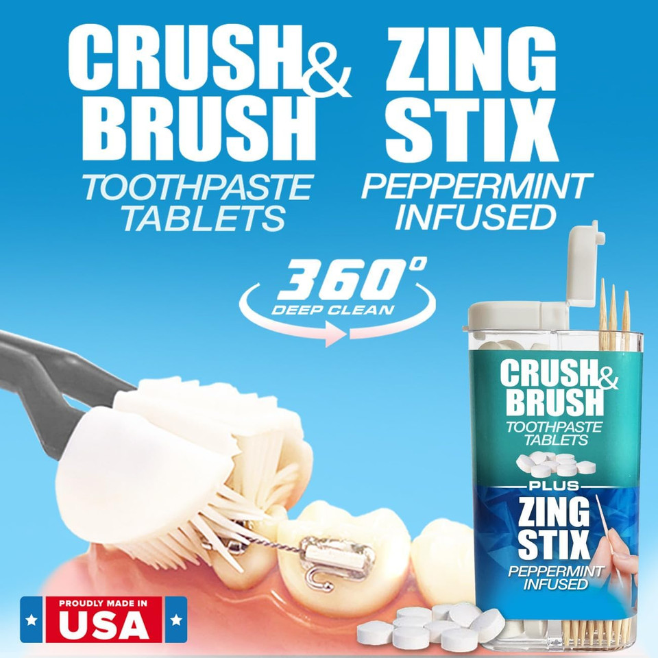 Smile Saver 360° Braces Brush 3-Sided Toothbrush 3Pk + Toothpaste Tablets + Peppermint Infused Toothpicks Built-In Tongue Cleaner Scraper | Orthodontics Brackets Made In Usa (White Handles)