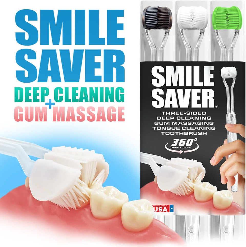 Smile Saver 360° Deep Clean 3-Sided Toothbrush | 3Pk | Deep Cleaning + Gentle Gum Massage + Tongue Cleaner | Adults Children Braces Travel Made In The Usa (Black, White & Neon - Clear Handles)
