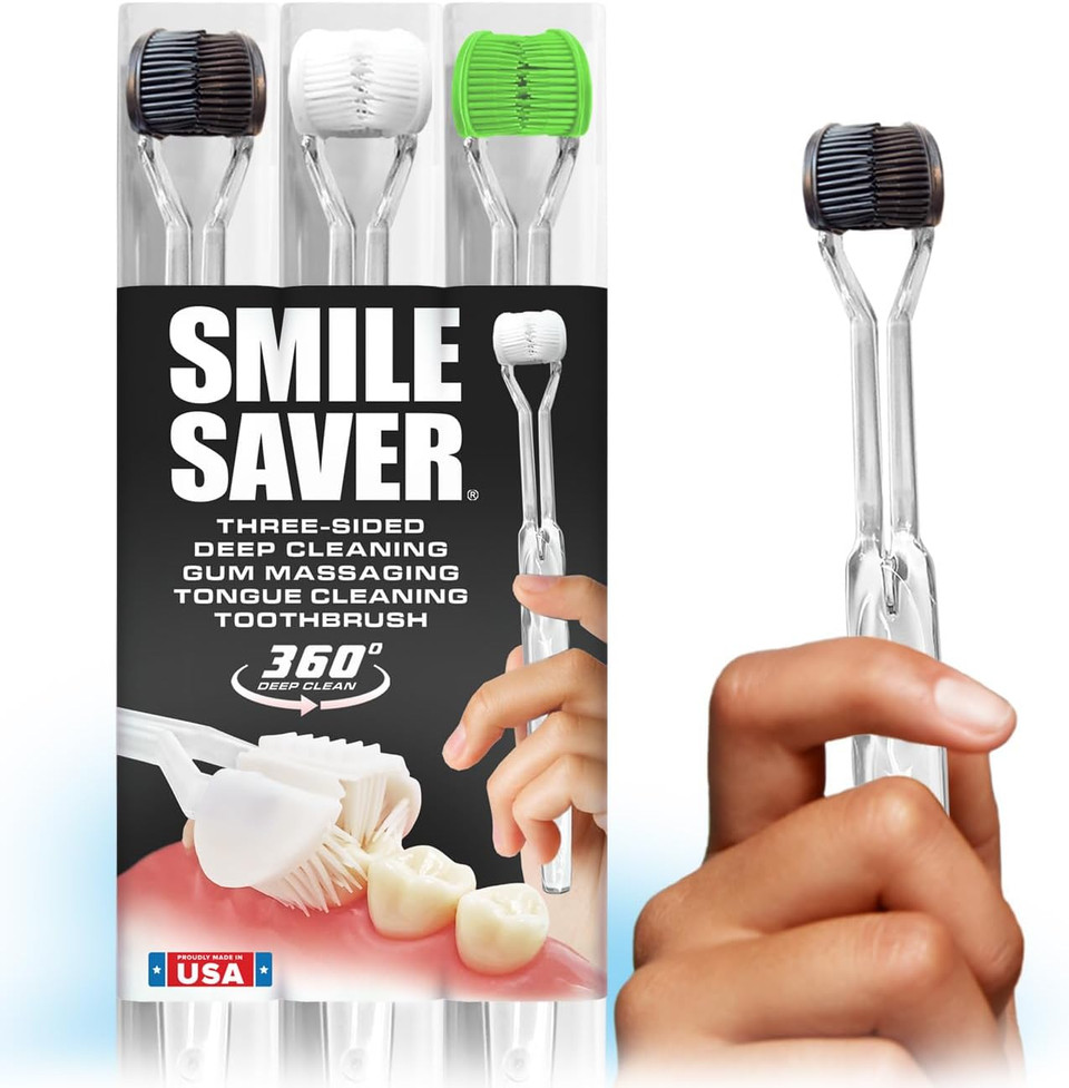 Smile Saver 360° Deep Clean 3-Sided Toothbrush | 3Pk | Deep Cleaning + Gentle Gum Massage + Tongue Cleaner | Adults Children Braces Travel Made In The Usa (Teal Heads - Clear Handles)