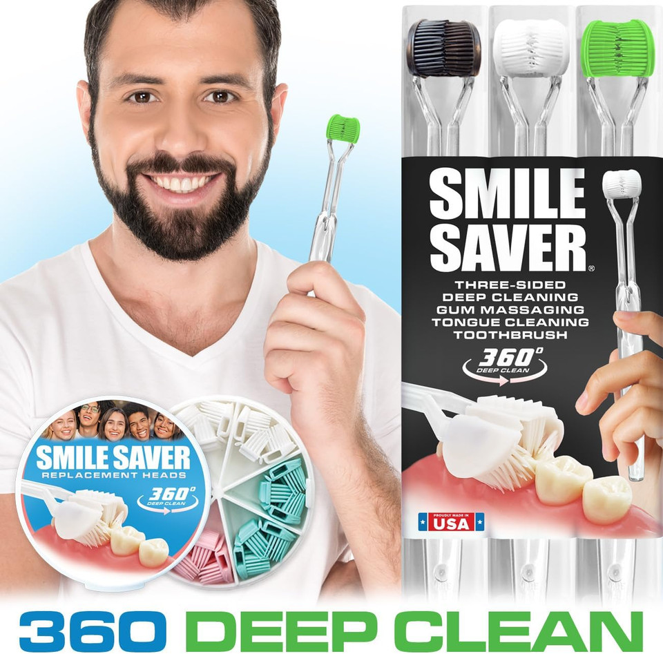 Smile Saver 360° Deep Clean 3-Sided Toothbrush | 3Pk | Deep Cleaning + Gentle Gum Massage + Tongue Cleaner | Adults Children Braces Travel Made In The Usa (White Heads - Clear Handles)