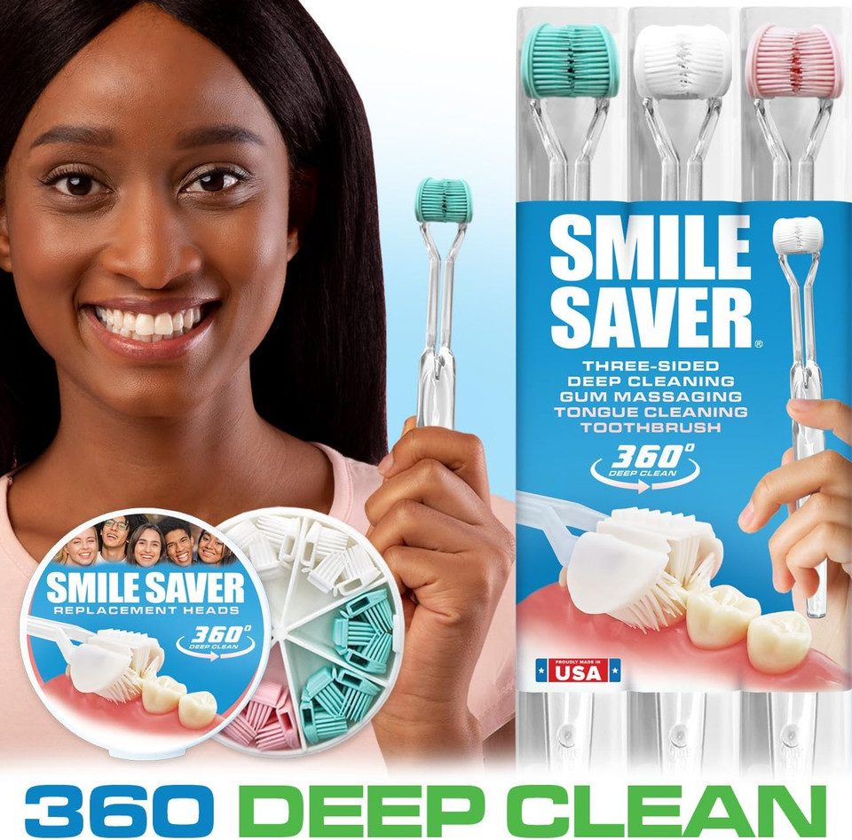 Smile Saver 360° Deep Clean 3-Sided Toothbrush | 3Pk | Deep Cleaning + Gentle Gum Massage + Tongue Cleaner | Easily Brush Better Adults Children Braces Travel (Teal, White & Pink - Charcoal Handles)