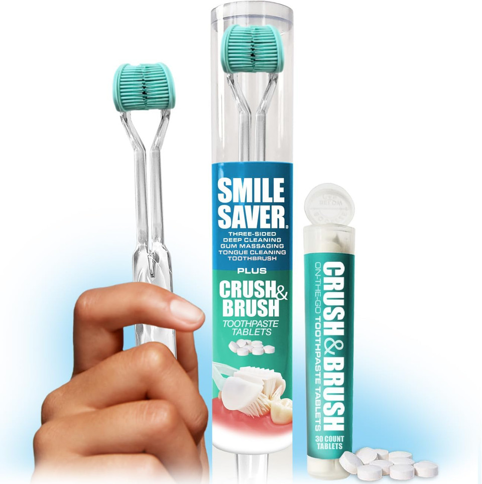 Smile Saver 360° Deep Clean 3-Sided Toothbrush + Toothpaste Tablets | Deep Cleaning + Gum Massage + Tongue Scraper | Triple Clean U-Shaped Adults Children Braces Travel Tsa Mint Hydroxyapatite | Usa