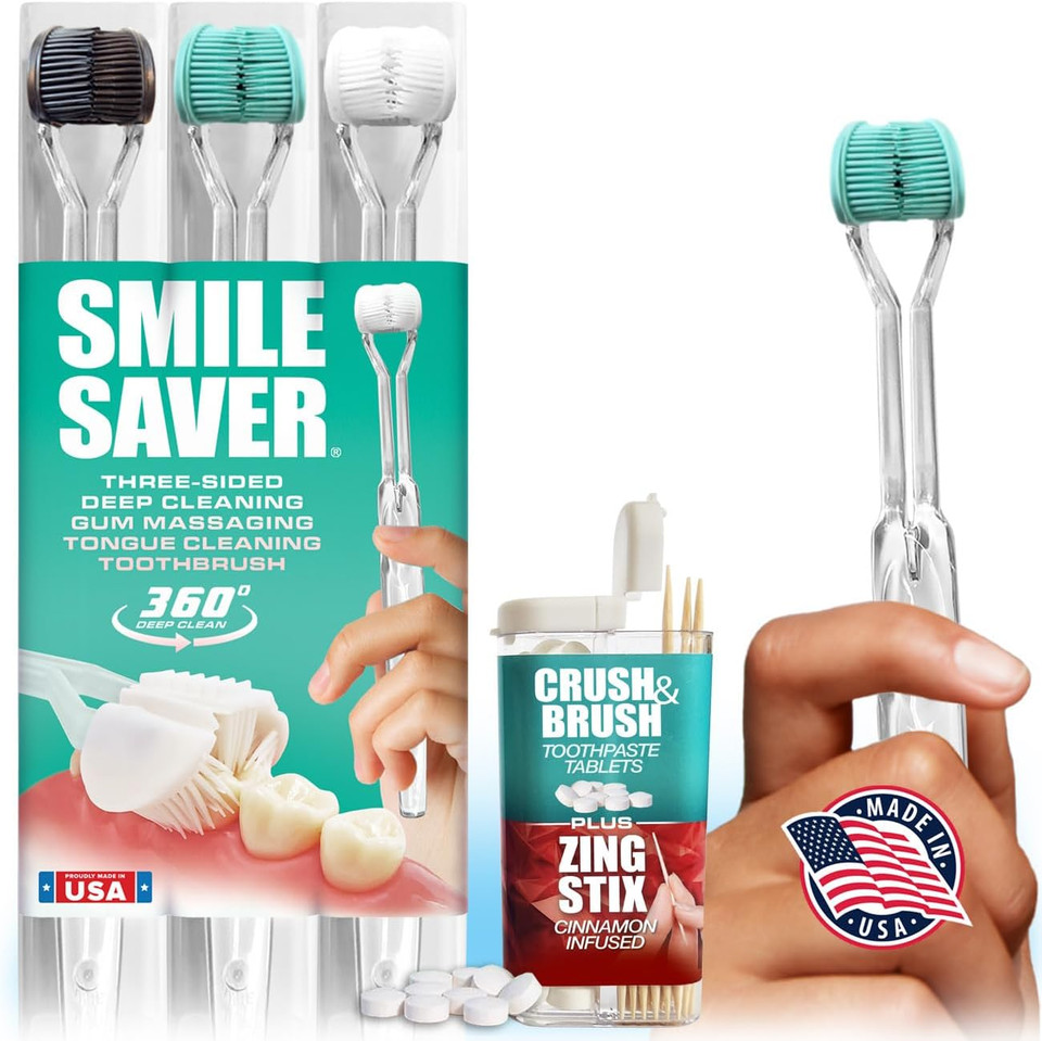 Smile Saver 360° Deep Clean 3-Sided Toothbrush 3Pk + Toothpaste Tablets | Deep Cleaning + Gum Massage + Tongue Scraper | Everyone Can Easily Brush Better: Adults Children Braces Special Needs Travel